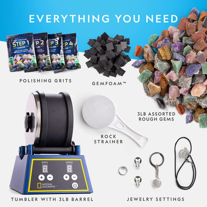 National Geographic Rock Tumbler Kit - 3 Lb. Extra Large Capacity Barrel with 3-Speed Motor & 9-Day Timer, Kit Includes Rocks for Tumbling and Rock Polisher Grit, Rock Tumbler for Adults and Kids