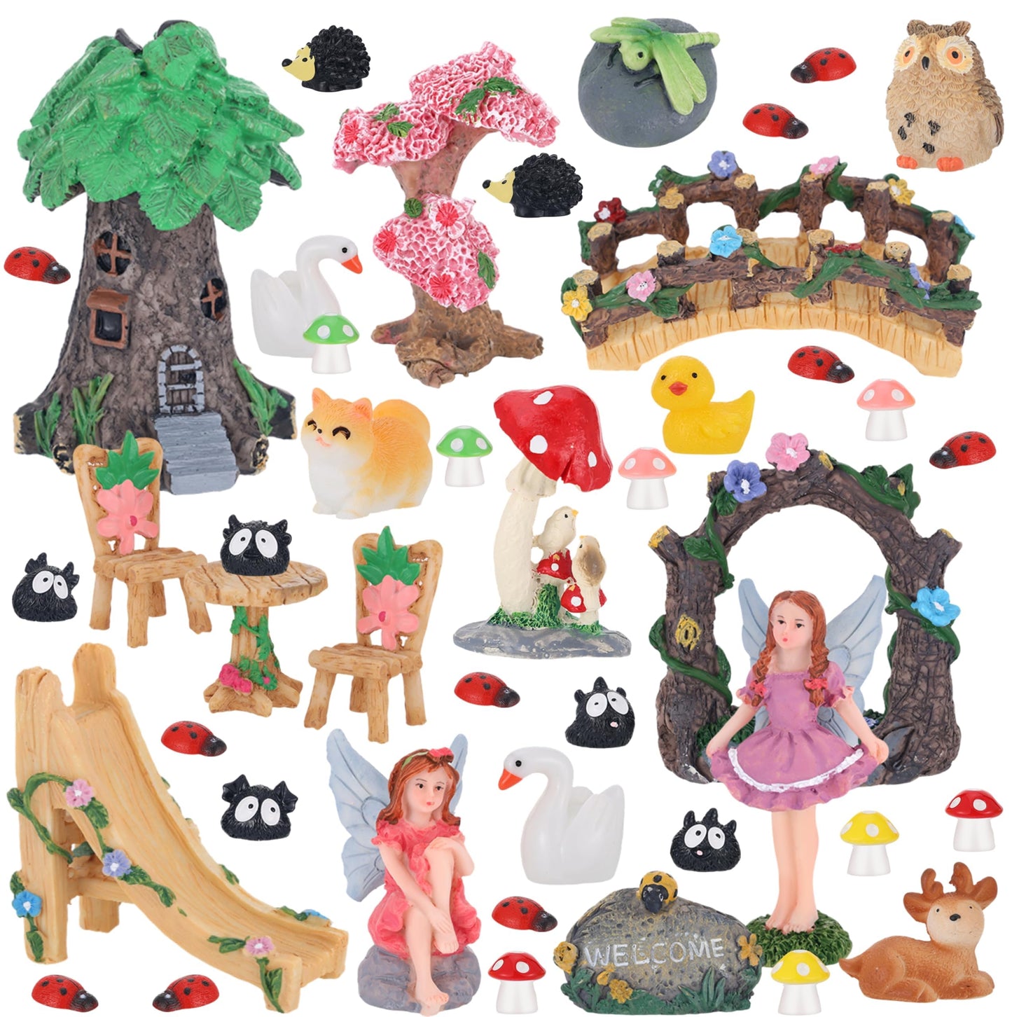 44 Pcs Fairy Garden Kit Miniature Fairy Garden House Accessories with Resin Elves Animal Plant Furniture Tiny Figurines Decor, Enchanted Spring Micro Landscape Ornaments for DIY Dollhouse Terrarium
