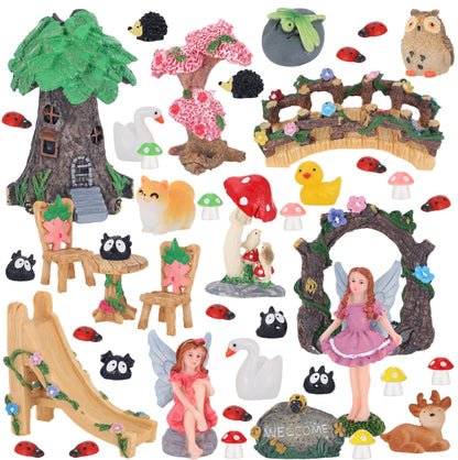 44 Pcs Fairy Garden Kit Miniature Fairy Garden House Accessories with Resin Elves Animal Plant Furniture Tiny Figurines Decor, Enchanted Spring Micro Landscape Ornaments for DIY Dollhouse Terrarium