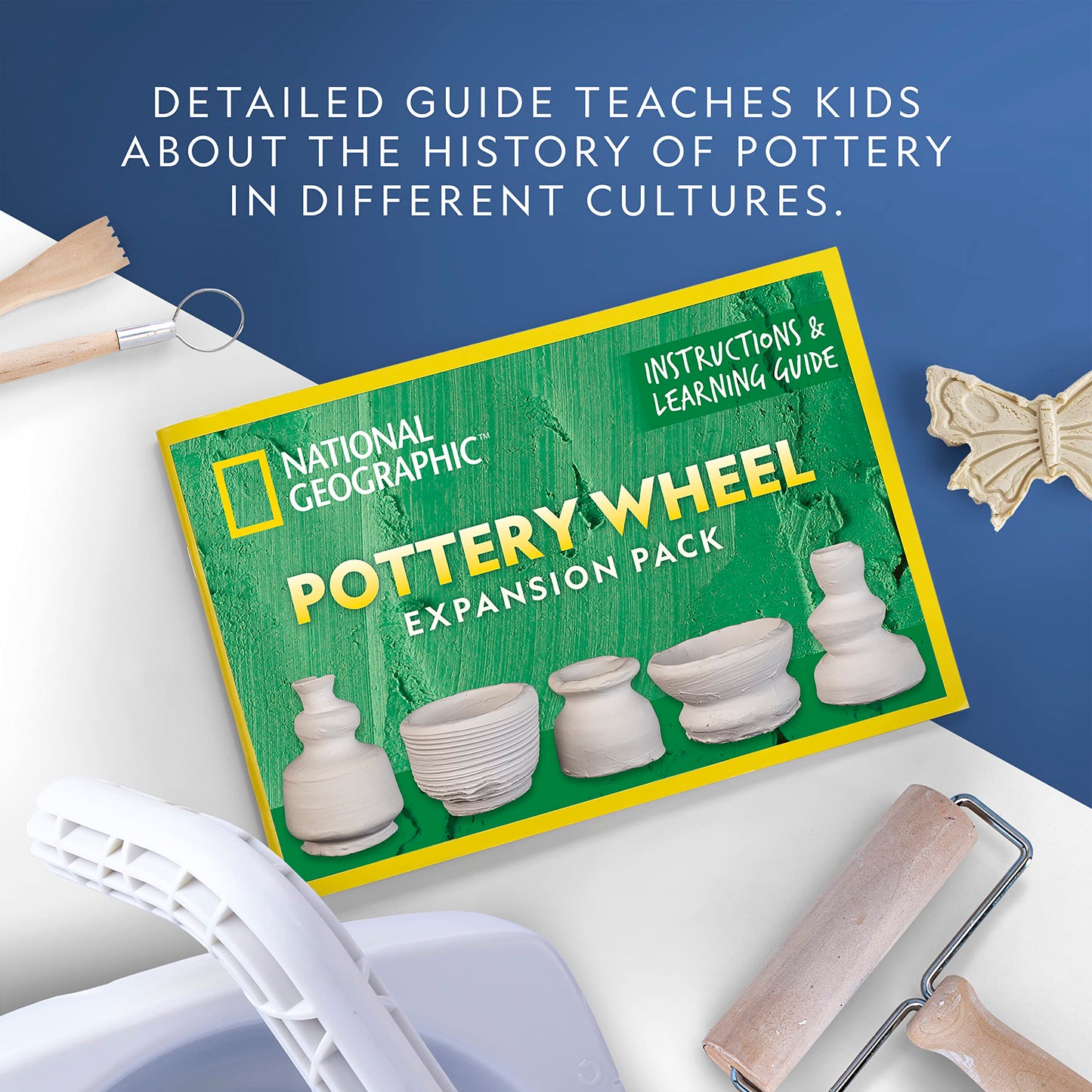 Blue Marble National Geographic Pottery Wheel Refill Kit – 2 lbs. Air Dry Clay, 30 Pottery Tools & Accessories, Gemstone Chips, Sculpting Clay Tools, 7 Paints & More, Great Craft Kit for Kids