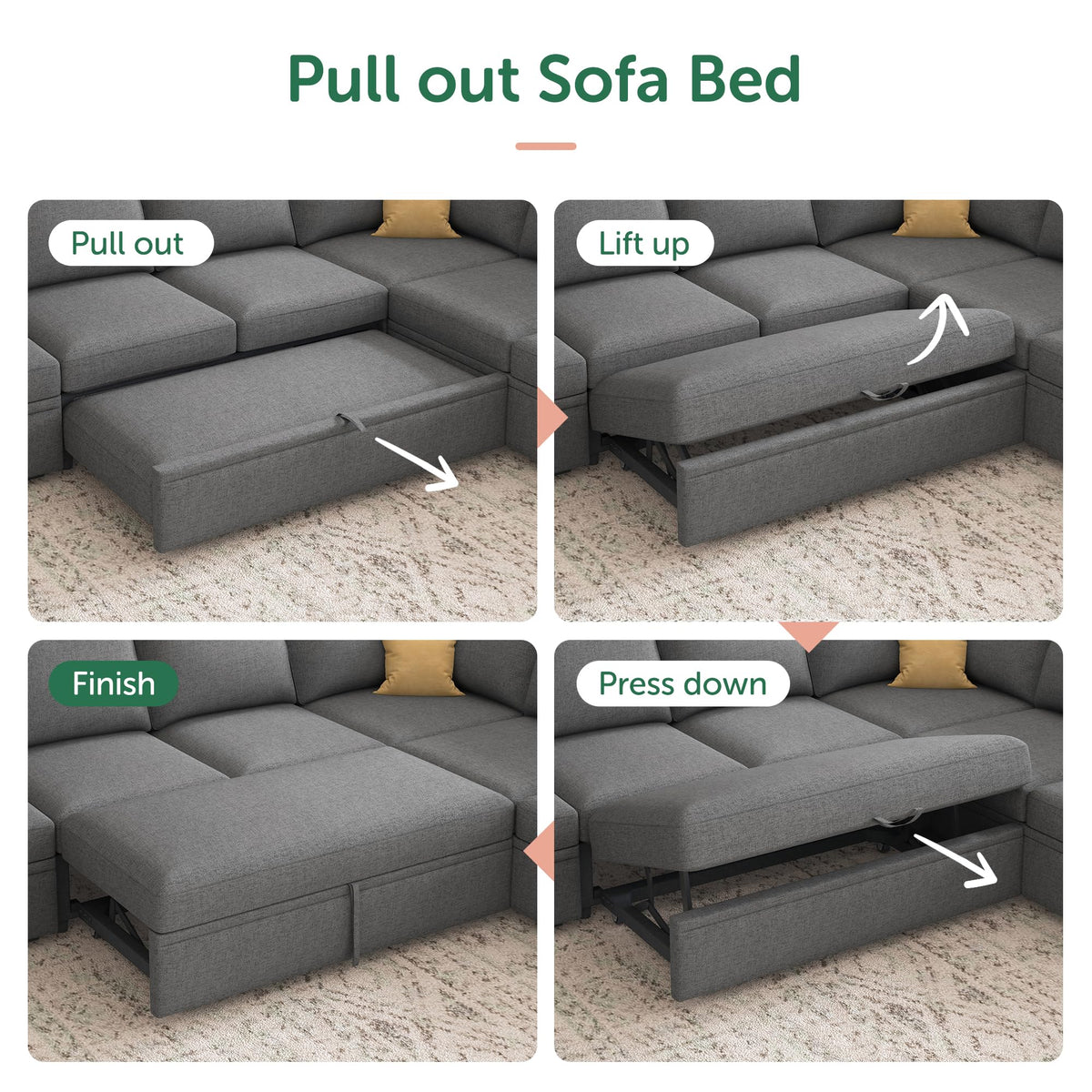 HONBAY Sectional Sleeper Sofa with Pull Out Bed, U Shaped Couch with Storage, Modular Sectional Couches for Living Room, Dark Grey