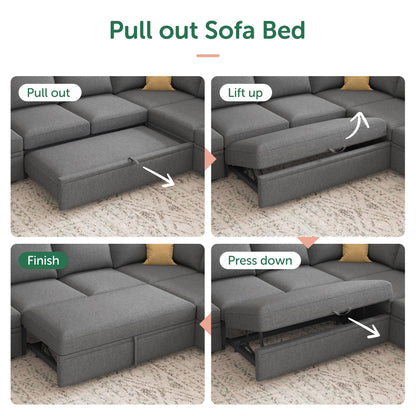 HONBAY Sectional Sleeper Sofa with Pull Out Bed, U Shaped Couch with Storage, Modular Sectional Couches for Living Room, Dark Grey