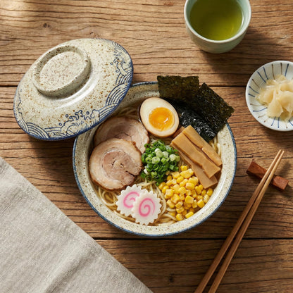 Ramen Bowl, DV 25 OZ Microwavable Japanese Korean Ramen Soup Bowl with Lid, Blue Fish and Wave Design