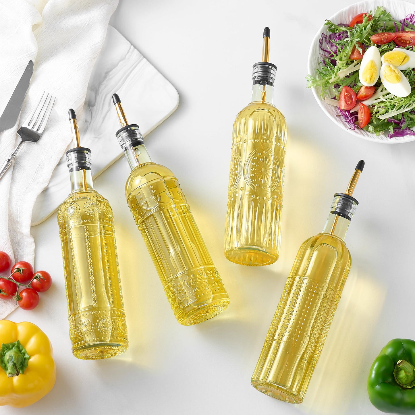 Ruiao 4 Pcs Olive Oil Dispenser Bottle for Kitchen,17oz Clear Glass Oil and Vinegar Dispenser Bottle Set, Classic Coffee Syrup Dispenser with 4 Stainless Steel Spouts and 1 Funnel (Round)