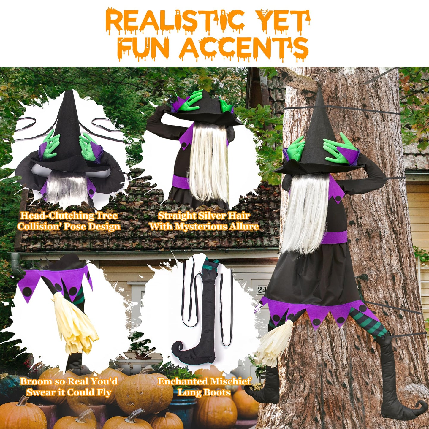 KwenPart 57" Large Flying Crashing Witch Into Tree Halloween Decoration - Funny Head-Clutching Outdoor Hanging Witch with 3D Effect Broom for Yard, Porch, Tree, Fence, Door - Weather-Resistant Decor