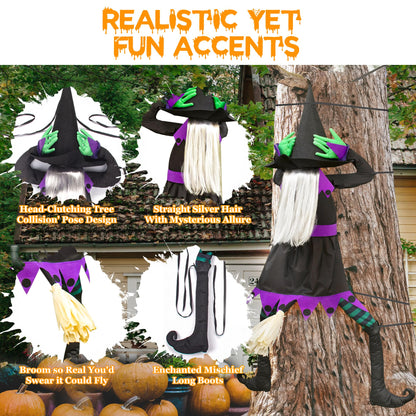 KwenPart 57" Large Flying Crashing Witch Into Tree Halloween Decoration - Funny Head-Clutching Outdoor Hanging Witch with 3D Effect Broom for Yard, Porch, Tree, Fence, Door - Weather-Resistant Decor