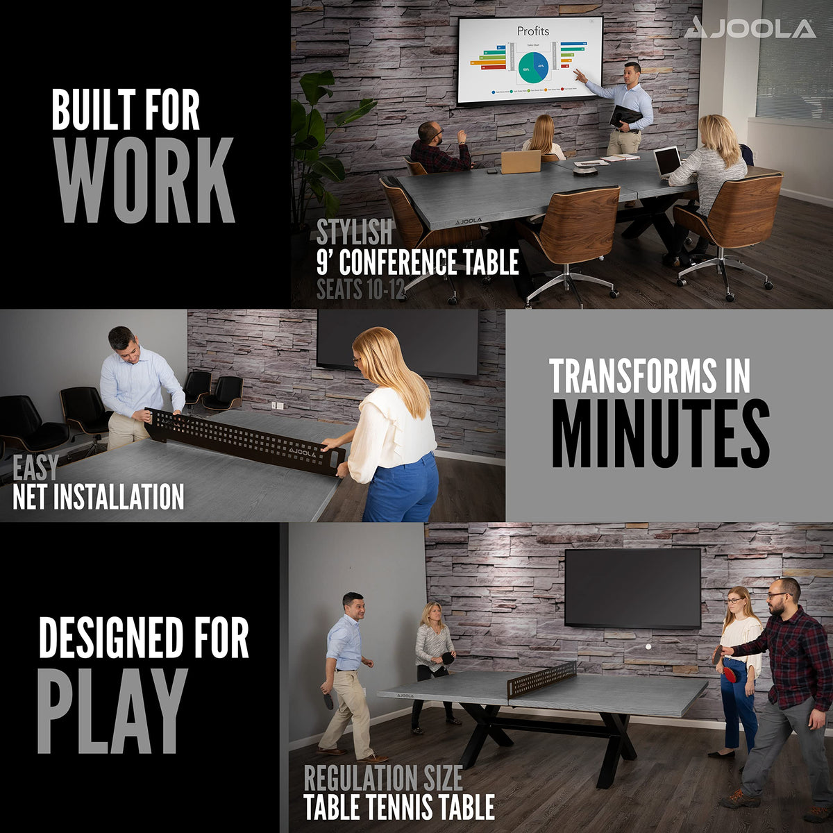 JOOLA Berkshire Outdoor Table Tennis Table - Multi Use Conference Table Dining Table - Concrete Gray Wood Look Includes Steel Outdoor Ping Pong Net Set & Frame - Hybrid Indoor Outdoor Ping Pong Table