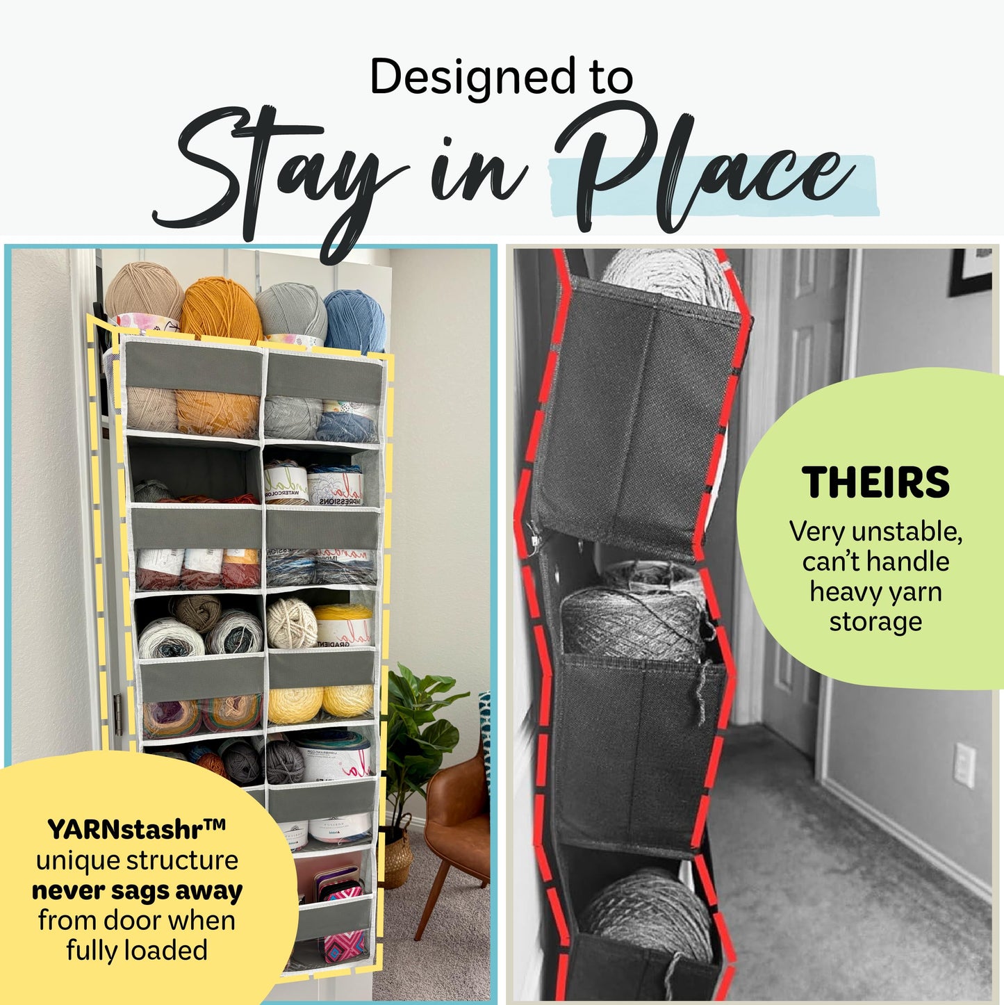 BOBBLE + PUFF Over Door Yarn Storage Organizer with 8 Large Compartments & 10 Mesh Side Pockets for Crochet Accessories & Knitting Supplies, Closet Organization & Home Improvement, 44lbs Weight Limit
