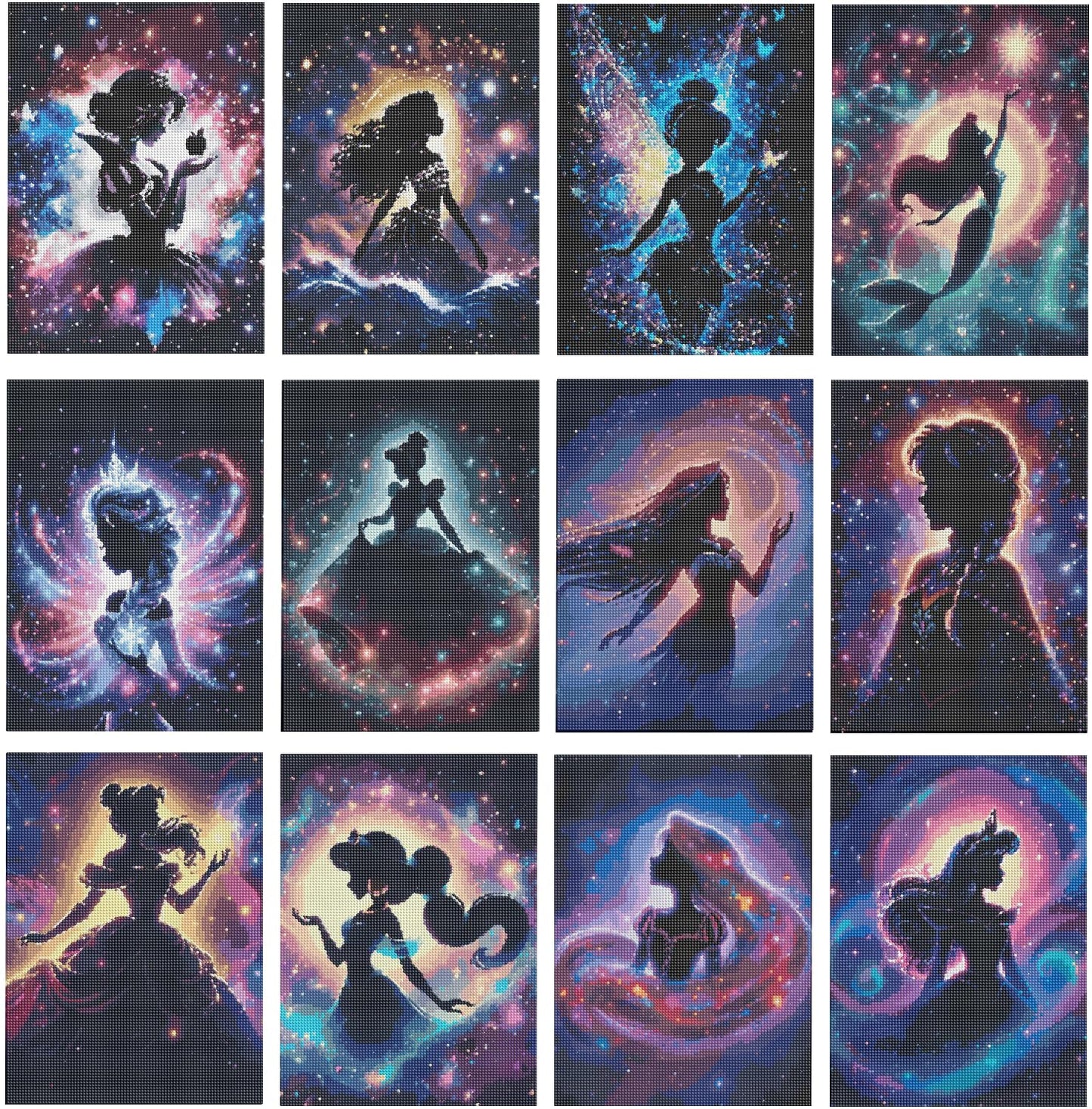 ARPADAMO 12 Pack Princess Diamond Art,Starry Sky Princess Diamond Art Kits for Adults,DIY Full Drill Diamond Painting Kit,Home Wall Decor Diamond Painting(12x16 Inch)