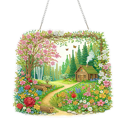 Aeepics Hanging Diamond Art Kit for Adult, DIY Diamonds Painting Pendant Ornament Kit, Acrylic Diamond Art Painting Board Kit (Cabin in The Wood)
