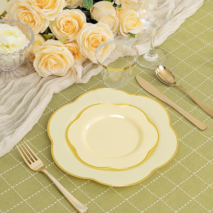 Liacere 50PCS Yellow Plastic Plates - Heavy Duty Disposable -Yellow and Gold Include 25PCS 7inch and 25PCS 10inch Plates for Mothers Day & Baby Shower & Spring & Party