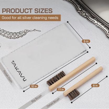 Horsehair Detail Brush Set 2pcs Silver Cleaning Brushes & Polish Cloth Perfect for Detailing, Polish Work, Fine and Heirloom Silverware Plateware Jewelry, Ultimate Solution for a Gleaming Finish