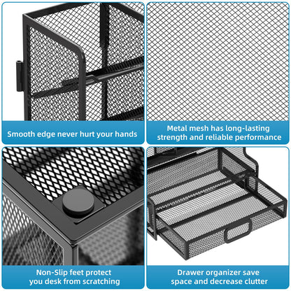 Marbrasse Larger Mesh Desk Organizer with Drawer, Multi-Functional Pen Pencil Holder, Easy Assembly, Desk Organizers and Accessories for Office Art Supplies (Black)