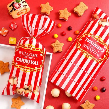 Epakh 200 Packs Carnival Candy Bags Circus-themed Plastic Party Treat Bags with Popcorn Pattern and Gold Twisted Ties for Carnival Birthday Party Favors, Cookies, and Cupcakes (Simple)