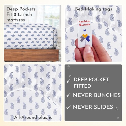 California Design Den Twin Sheet Set - 400 Thread Count Sateen, 100% Cotton, Paisley Blue