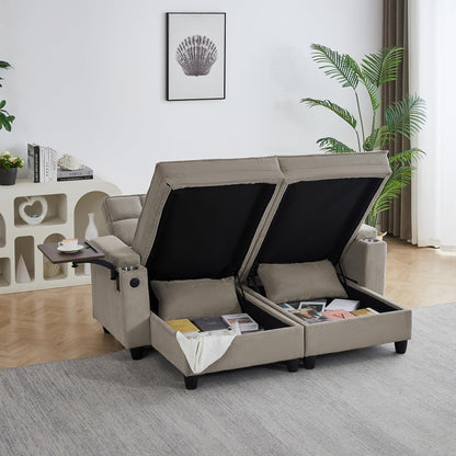 Eafurn Double Chaise Lounge Recliner with Storage, 71" Modern Sleeper Loveseat Sofa Couch with 6-Position Adjustable Split Backrest, Cup Holders and Swivel Tray Table for Living Room