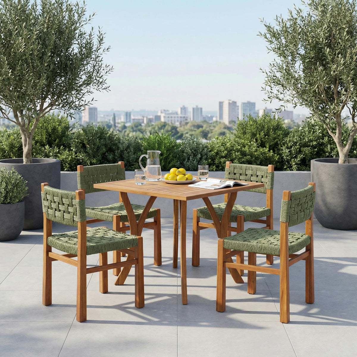 Christopher Knight Home 5 Piece Outdoor Dining Set Acacia Wood Square Table and 4 Green Wicker Chairs Teak Finish Patio Furniture Set for Garden Backyard Balcony Deck