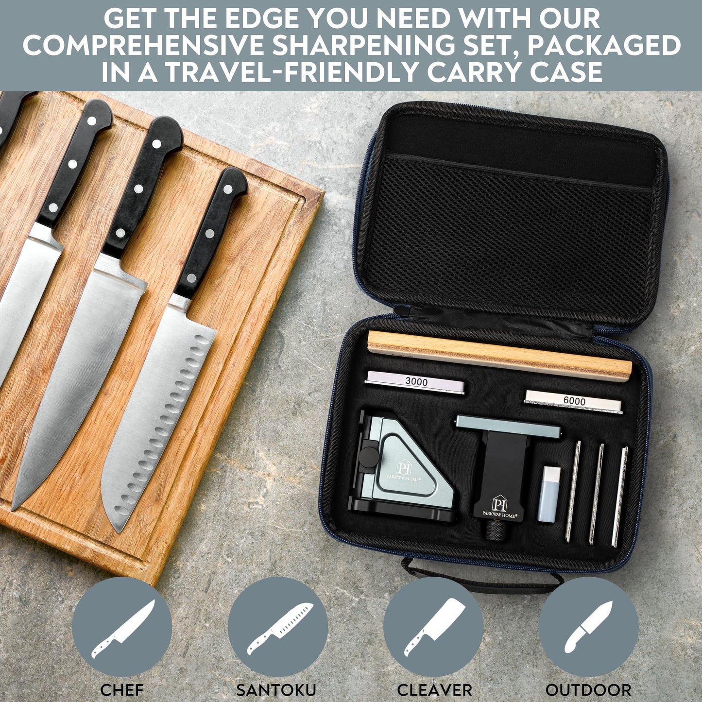 PATENTED ORIGINAL ADJUSTABLE ROLLING KNIFE SHARPENER KIT: Adjustable Height, 30 Angle Options, 5 Removeable Whetstone Plates, Leather Strop with Travel Case - Kitchen Knife Sharpener