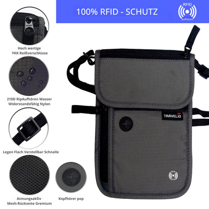 RFID Blocking Neck Travel Wallet Hidden Passport Holder Pouch for Men & Women (Black)