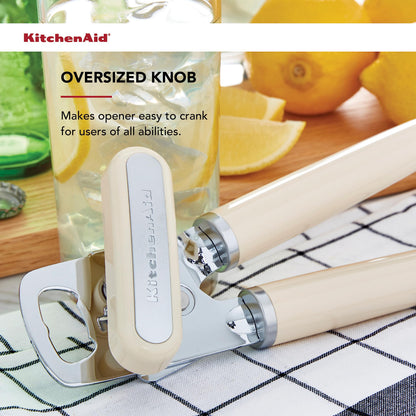 KitchenAid Classic Multifunction Can Opener and Bottle Opener Easy to Use, Razor Sharp Stainless Steel Cutting Wheel, Soft Ergonomic Handles, Almond Cream