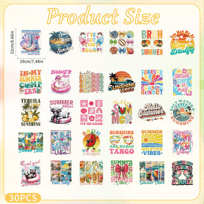 MOIZYNG 30 Sheets Summer Iron on Transfers for T-Shirts, Beach Vacation DTF Transfers Ready to Press Heat Transfers Vinyl, Retro Iron on Patches for Clothes Bag Pillow Covers DIY Crafts