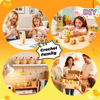 Joyclub Crochet Kit for Beginners 4 Pcs Chicken Family Amigurumi Crochet Starter Kits with Step-by-Step Video Tutorials DIY Craft Gift for Adults Kitting Lovers Mother Teacher Student