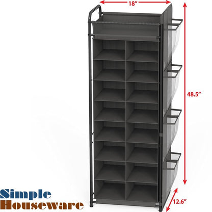 Simple Houseware 16 Cube Shoe Stand Tower Rack 8 Tier with Top Shelf and Side Hanging Pockets, Dark Gray