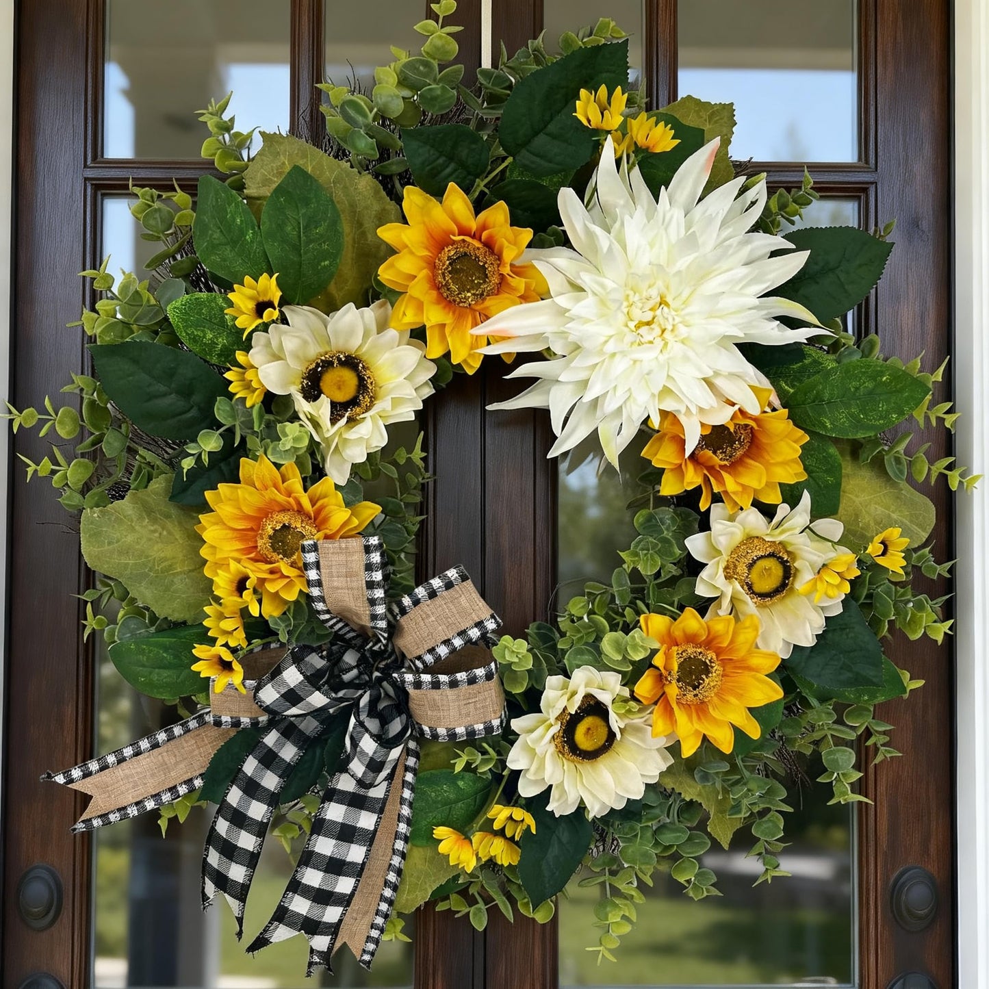 CYANBLOOM 24 Inch Summer Front Door Wreath – Modern Farmhouse Cream White & Yellow Sunflower Dahlia Wreath with Buffalo Plaid Bow, Outdoor Porch Wall Decor All Season, Housewarming Wedding Gift