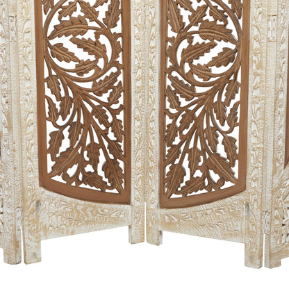Deco 79 Mango Wood Floral Handmade Partition Room Divider Screen Foldable Arched Partition 4 Panel Privacy Screen with Intricately Carved Designs, Room Partition 62" x 1" x 72", Brown