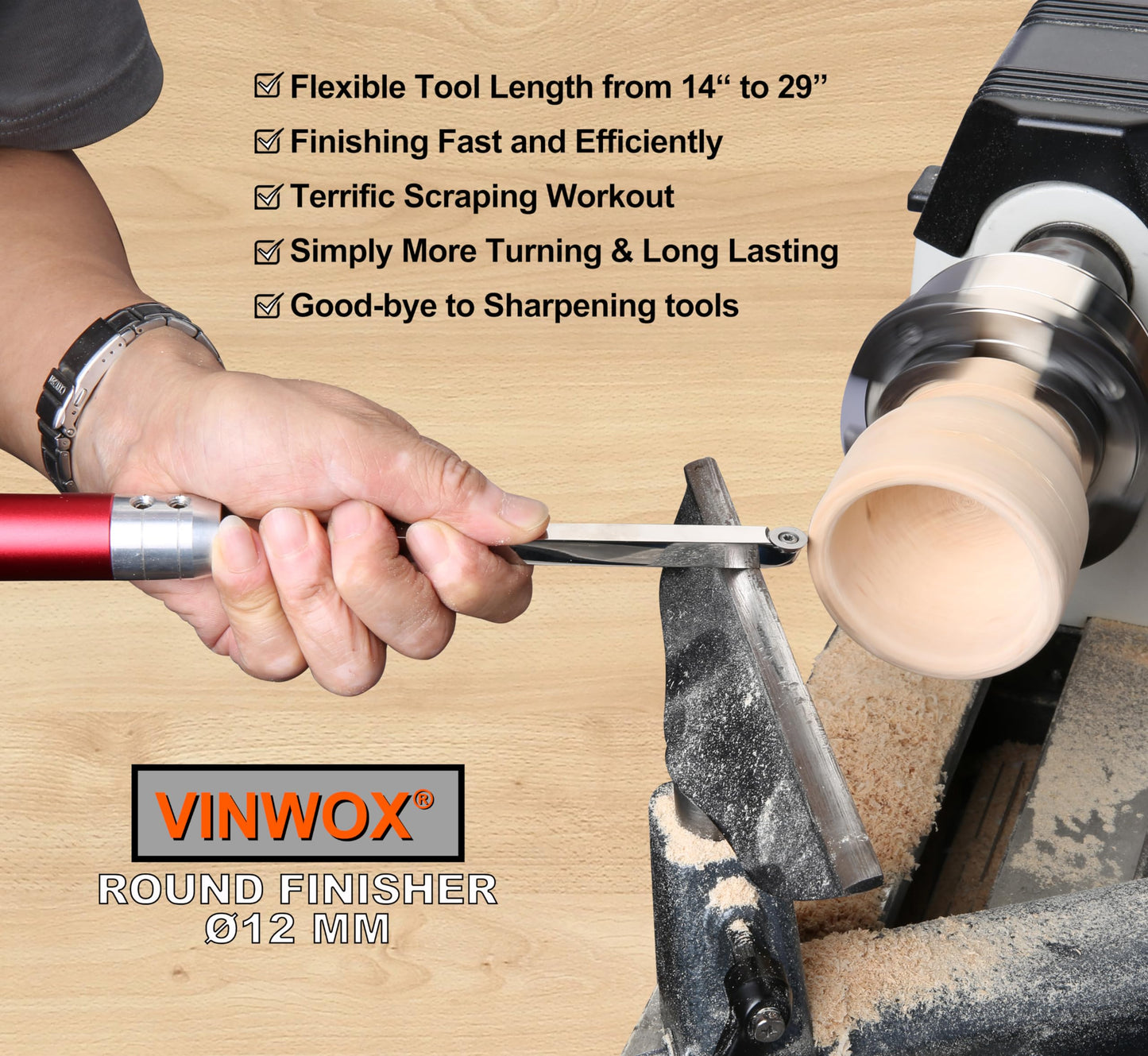 VINWOX 9 PCS Carbide Wood Lathe Turning Tool Set, Pen Turning tools, Including Swan Neck Hollower, Rougher, Finisher, Detailer, Aluminum Handles from 14" to 29", Fine Polished Stainless Steel Shank