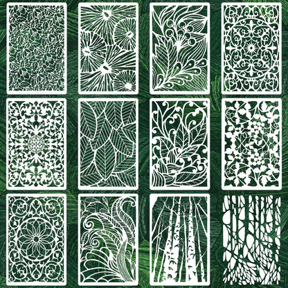 Texture Stencils for Crafts Reusable DIY Furniture Decor Art Painting Stencil 12Pcs Kit for Wood Embroidery Wall Silk Screen Journaling(11.8X7.8 Inch)