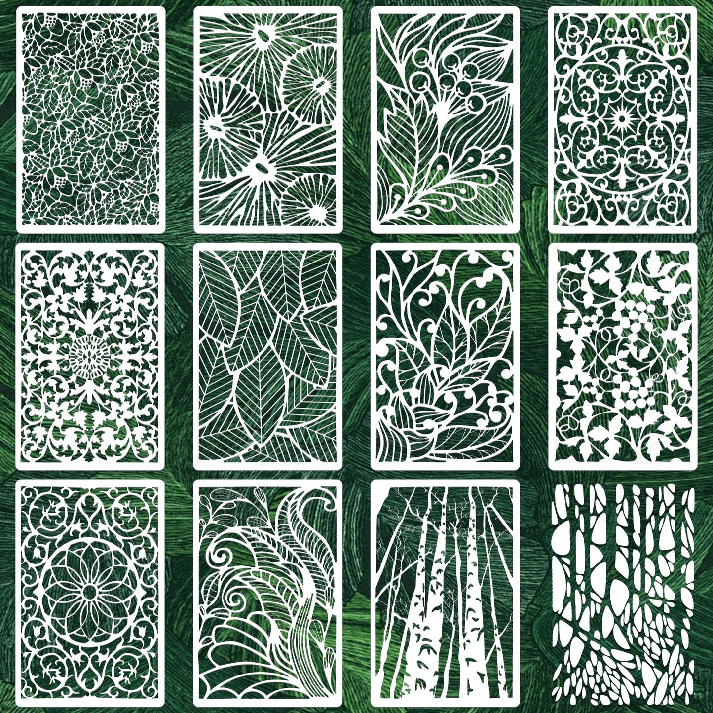 Texture Stencils for Crafts Reusable DIY Furniture Decor Art Painting Stencil 12Pcs Kit for Wood Embroidery Wall Silk Screen Journaling(11.8X7.8 Inch)