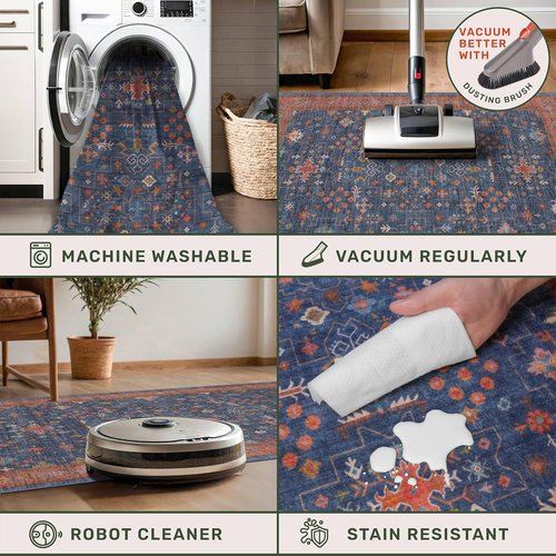 Hazo Haus Washable Navy Blue Area Rug - 7x10 Non-Slip, Stain Resistant for Living Room & Bedroom | Boho Home Decor