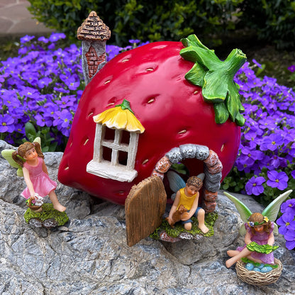 Mood Lab Fairy Garden Figurines - Strawberry House Set (4 pcs) - Miniature Decorative Statues & Accessories - Outdoor & Indoor Garden Decor