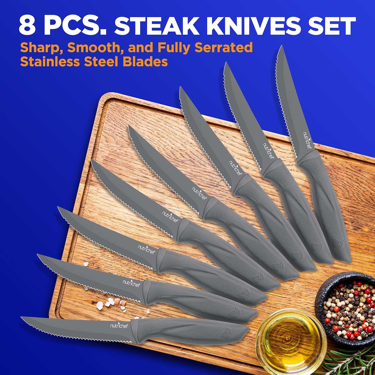 SereneLife Stainless Steel Knife Set, 8 Pcs. - Non-Stick Coating, Sharp Serrated Blades, Professional Kitchen Set, Rust-Resistant, Dishwasher Safe, Ideal for BBQ & Grilling, Gray