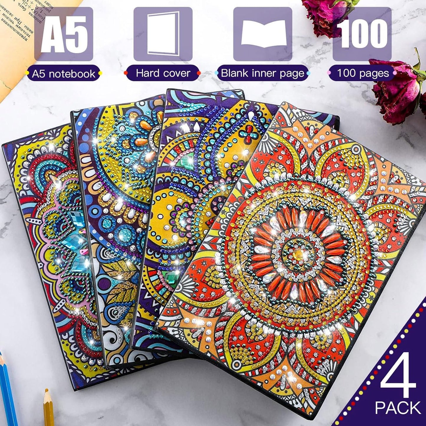 Ctosree Diamond Art Kits for Adults Teens 4 Pcs Diamond Painting Journals Notebooks 5d DIY Creative Journal Gem Dots Art Crafts for Women Men Friends Graduation Birthday Relax Hobby Gift with Tools