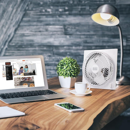 BLACK+DECKER 9-Inch Frameless Box Fan - Portable 3-Speed Desk Fan for Home Office & Garage, White