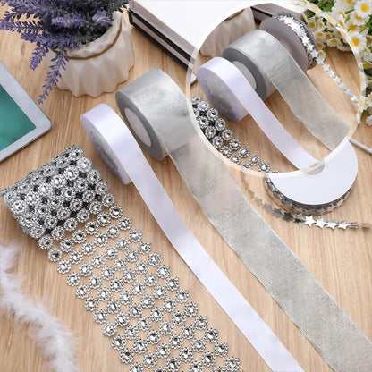 Giegxin 5 Rolls 54 Yard Homecoming Mum Ribbon Including Crystal Rhinestone Ribbon Polyester Star Trim Marabou Feather Boa White Satin Silver Organza for DIY Chrysanthemum Party Supplies