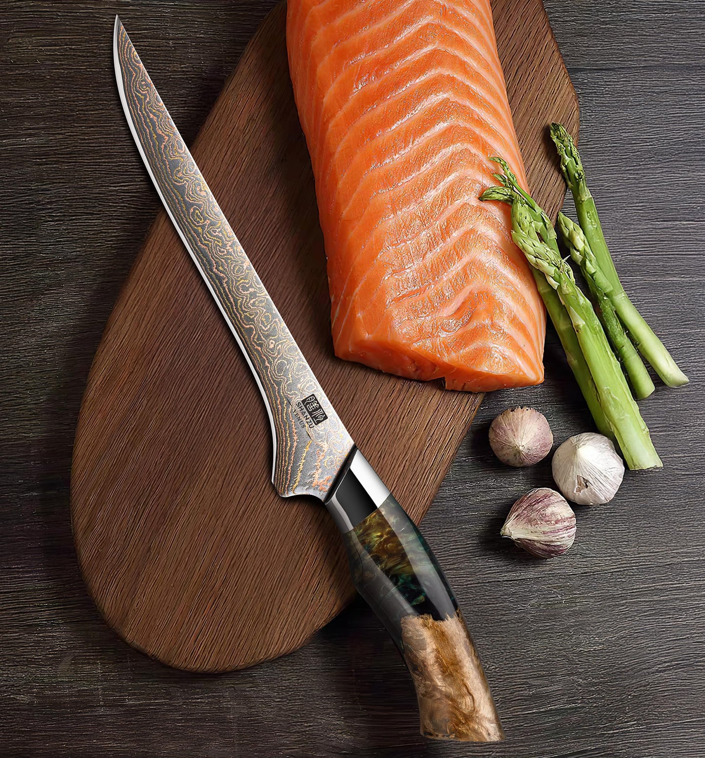 SHAN ZU Damascus Fillet Knife 7 Inch, Japanese Boning Knife Copper & Damascus Steel High Carbon 33 Layer Hand Forged, Ultra Sharp Carving Knives with Maple Wood Handle