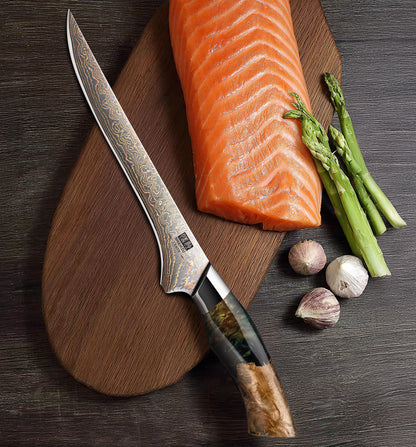 SHAN ZU Damascus Fillet Knife 7 Inch, Japanese Boning Knife Copper & Damascus Steel High Carbon 33 Layer Hand Forged, Ultra Sharp Carving Knives with Maple Wood Handle