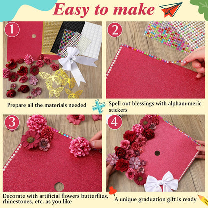 Gilprop 56 Pcs Graduation Grad Cap Decorations Kit DIY Glitter Card Stock Construction Paper Bow Artificial Flower Heads 3D Butterfly Rhinestones Letter Stickers Adhesive Dots for Grad Hat(Red)