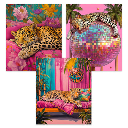Kemingni 3 Pack Sleeping Leopard Diamond Painting Kit, Maximalist Funky Disco Ball Leopard Diamond Art Kits for Adults Beginners, Full Drill Gem Painting for Home Wall Decor, 9.8x11.8 Inch