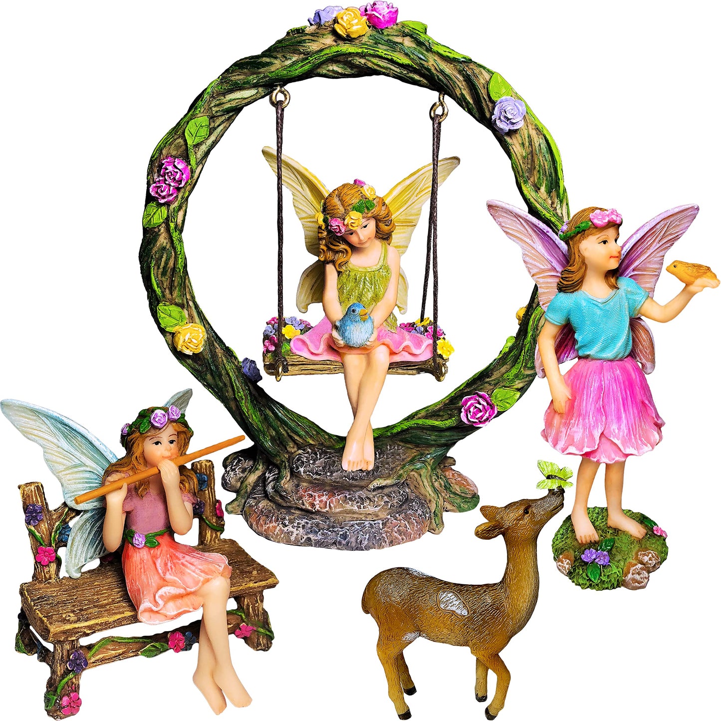 Mood Lab Fairy Garden Figurines with Swing - Miniature Decor Set (6 pcs) - Statues & Accessories - Outdoor & Indoor Garden Decor