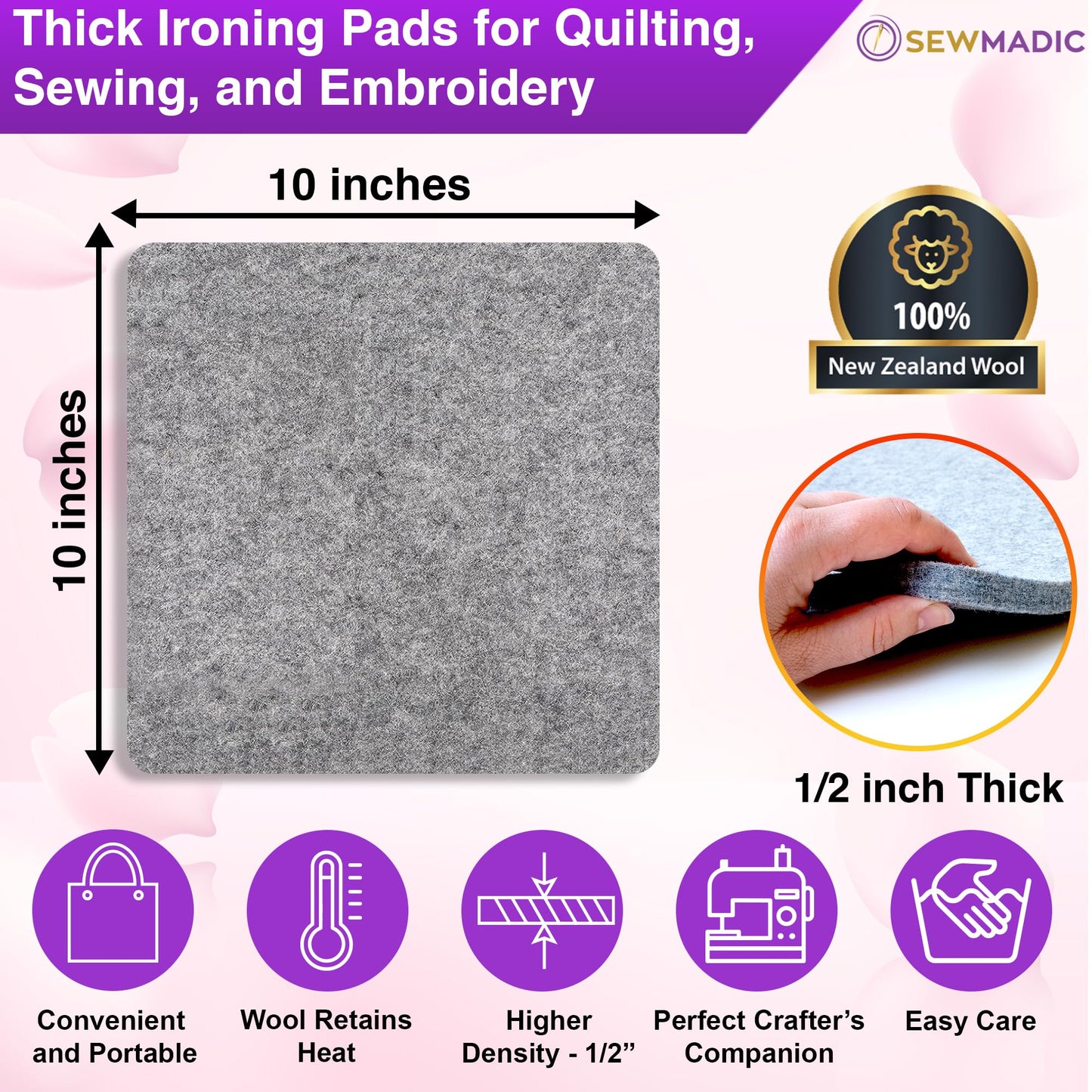 Wool Pressing Mat 10 x 10 Inch (25.4cm x 25.4cm) – 100% New Zealand Wool Quilting Ironing Pad – Portable, Odorless, Double-Sided Ironing Mat for Sewing & Embroidery – Includes Silicone Iron Rest