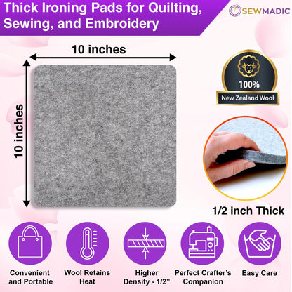 Wool Pressing Mat 10 x 10 Inch (25.4cm x 25.4cm) – 100% New Zealand Wool Quilting Ironing Pad – Portable, Odorless, Double-Sided Ironing Mat for Sewing & Embroidery – Includes Silicone Iron Rest
