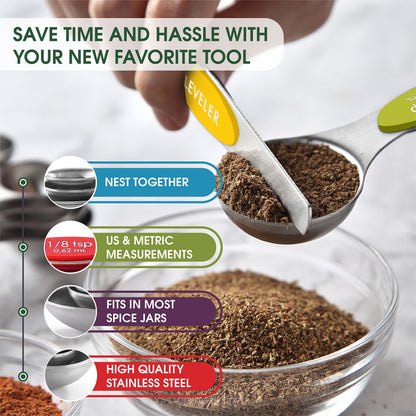 Spring Chef Stainless Steel Magnetic Measuring Spoons Set with Strong Magnets, Heavy Duty Metal Kitchen Essentials - Fits in Most Kitchen Spice Jars, Multicolor, Set of 8 with Leveler