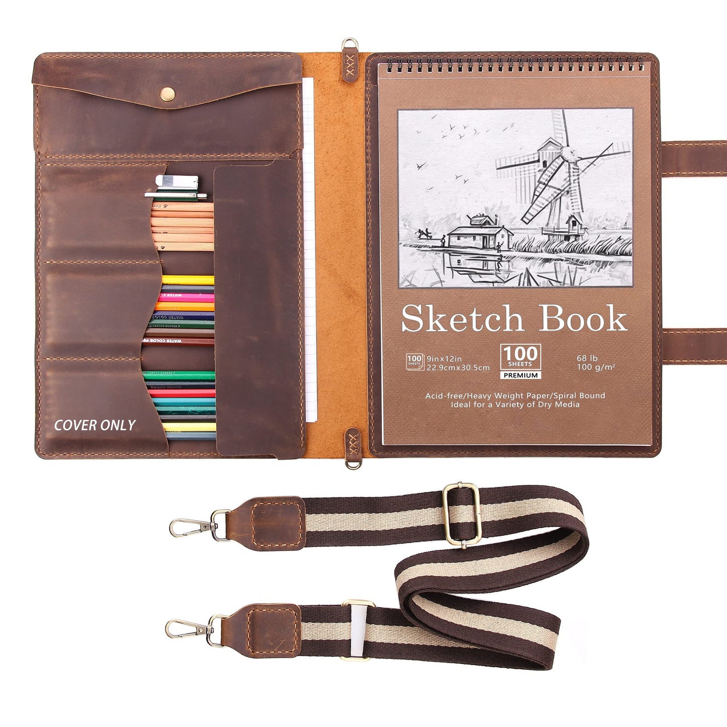 Robrasim Handmade Leather Sketchbook Cover, Artist Sketch Pad Holder for 9"X12" Top Spiral Bound Sketchbook, Drawing Book Pencil Case, Journal Portfolio with Shoulder Strap, Artist Gifts,Brown