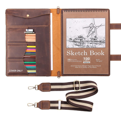 Robrasim Handmade Leather Sketchbook Cover, Artist Sketch Pad Holder for 9"X12" Top Spiral Bound Sketchbook, Drawing Book Pencil Case, Journal Portfolio with Shoulder Strap, Artist Gifts,Brown