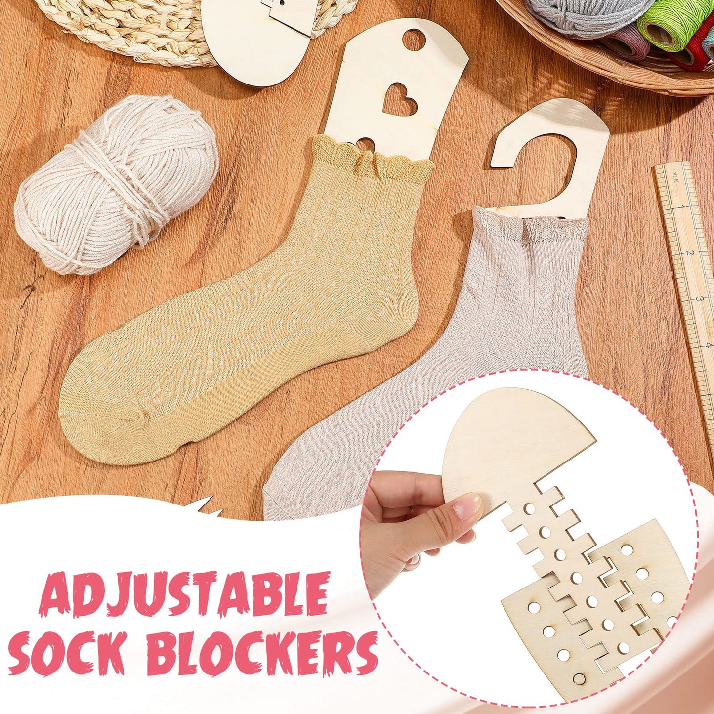 4 Pieces Sock Blockers for Knitting Wooden Sock Blockers Adjustable Thicken Knit Sock Ruler Tool Stocking Blockers Wood Sock Form Stretchers for Knitting Crochet Stocking Display Knitters Beginners