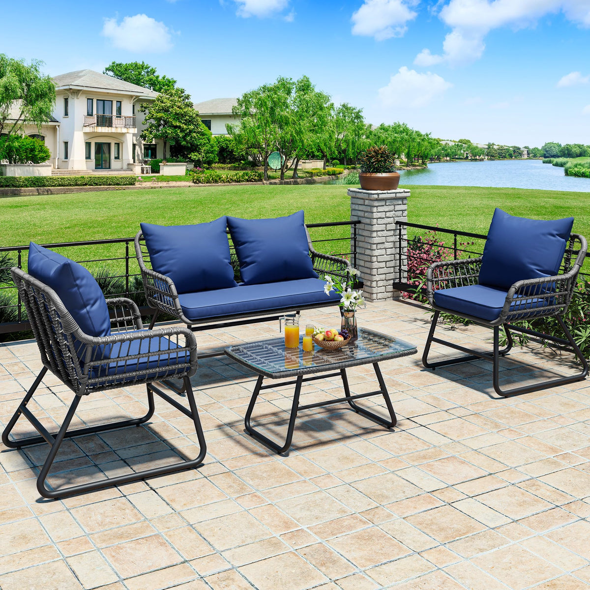 YITAHOME 4 Piece Patio Furniture Set, Wicker Outdoor Bistro Set, All Weather Rattan Patio Conversation Set with Soft Cushions and Glass Side Table for Backyard, Balcony, Deck - Navy Blue